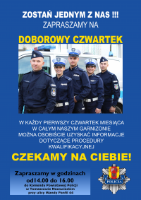 plakat pt. ,,doborowy czwartek&quot; z wizerunkiem policjantów i adresem w którym odbywać będą się spotkania