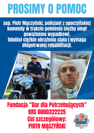 plakat - grafika z prośbą o pomoc dla rannego w wypadku policjanta