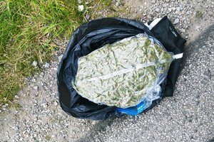 narkotyki ujawnione i zabezpieczone przez policjantów - susz roślinny o zielono brunatnym kolorze w foliowych torbach