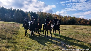 spotkanie policjantów z zespołu konnego na koniach służbowych z uczniami klasy policyjnej. uczniowie w szkolnych mundurach