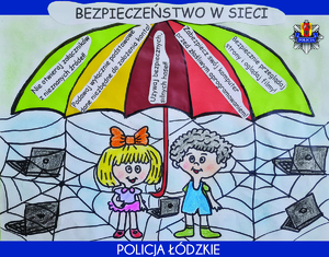 ręcznie malowany rysunek przedstawiający dwoje dzieci z parasolem w ręku na tle sieci pajęczych na których widoczne są komputery. Nad parasolem hasło bezpieczeństwo w sieci a na parasolu hasła dotyczące bezpiecznego korzystania z Internetu