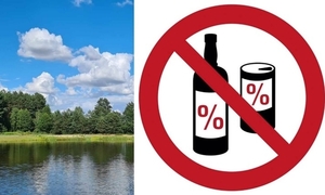 obraz przedzielony na pół. Po lewej stronie widok zbiornika wodnego i drzewa, po prawej grafika czarna na białym tle butelka i puszka z symbolami procentów, wpisane w znak drogowy i przekreślone zakazem.