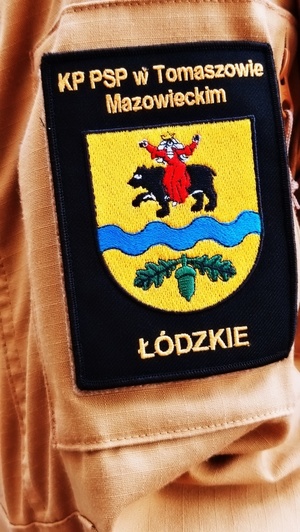 naszywka na mundurze KP PSP w Tomaszowie Mazowieckim Łódzkie i godło powiatu Panna na niedźwiedziu
