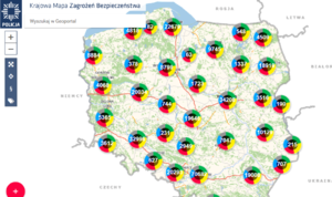 grafika komputerowa mapa Polski z naniesionymi danymi na Krajową Mapę Zagrożeń Bezpieczeństwa
