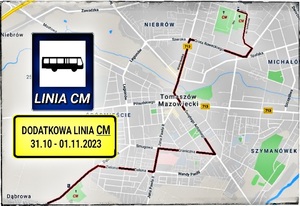 mapa Tomaszowa Mazowieckiego z informacją o dodatkowej linii autobusowej