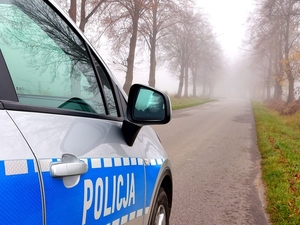 Radiowóz policyjny i w oddali mgła