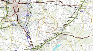 wycinek mapy z zaznaczonymi objazdami