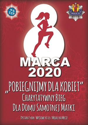plakat propagujący bieg z hasłem  „ Pobiegnijmy dla kobiet”