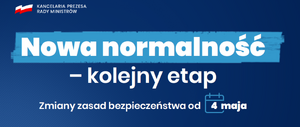 baner białe napisy na niebieskim tle  - treści nowa normalność zmiany od 4 maja