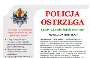 ulotka z treścią i tytułem ,,POLICJA OSTRZEGA"