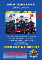plakat doborowy czwartek ze zdjęciem policjantów przy radiowozie i podstawowymi informacjami dotyczącymi akcji