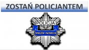 baner graficzny z napisem zostań policjantem i policyjną gwiazdą z napisem  policja Tomaszów Mazowiecki