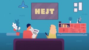 grafika kolorowa. Na ścianie  obraz z napisem HEJT. na kanapie przed obrazem siedzi kobieta i mężczyzna