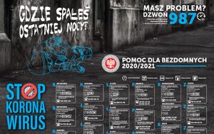 plakat graficzny z informacją o placówkach wspierających osoby bezdomne i z problemami