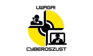 dwukolorowy baner  czarny i żółty z zamaskowanymi postaciami i napisem uwaga cyberoszust