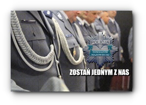 na zdjęciu widoczne sylwetki policjantów w umundurowaniu galowym. po prawej stronie grafika policyjna gwiazda z napisem policja Tomaszów Mazowiecki - po nią napis w kolorze białym o treści zostań jednym z nas