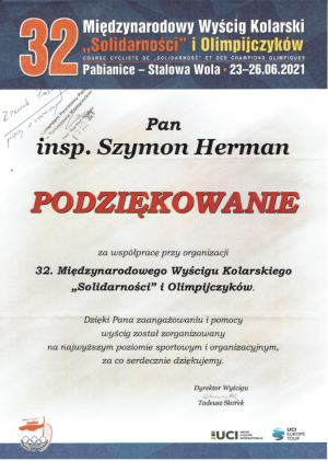 podziękowanie za pomoc w organizacji 32 Międzynarodowego Wyścigu Kolarskiego Solidarności i Olimpijczyków