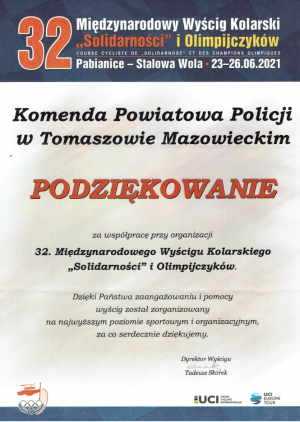 podziękowanie za pomoc w organizacji 32 Międzynarodowego Wyścigu Kolarskiego Solidarności i Olimpijczyków