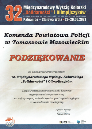 podziękowanie za pomoc w organizacji 32 Międzynarodowego Wyścigu Kolarskiego Solidarności i Olimpijczyków
