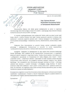 skan podziękowania skierowanego do policji od Stowarzyszenia Dębowy Liść