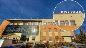 nowy napis przestrzenny na budynku Komendy Powiatowej Policji w Tomaszowie Mazowieckim pokazany z różnej perspektywy