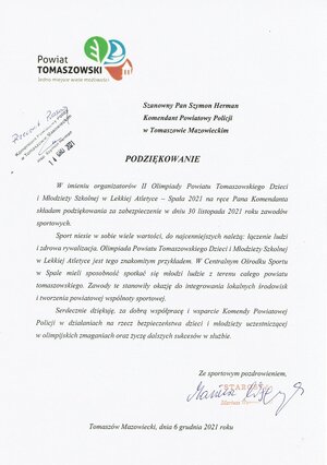 Podziękowania od Starosty Tomaszowskiego w imieniu organizatorów II Olimpiady Powiatu Tomaszowskiego Dzieci i Młodzieży Szkolnej w Lekkiej Atletyce - Spała 2021
