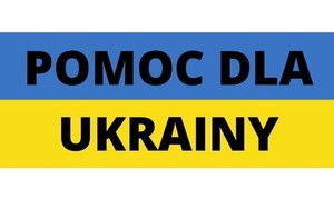 baner graficzny z flagą Ukrainy pas niebieski od góry i żółty od dołu oraz z napisem pomoc dla Ukrainy