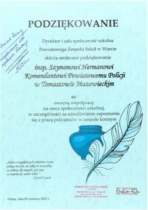 Podziękowania od Powiatowego Zespołu Szkól w Warcie, za umożliwienie zapoznania się z pracą policjantów Zespołu Konnego