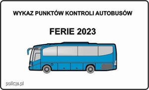 grafika przedstawiająca niebieski autobus  i napis ferie 2023