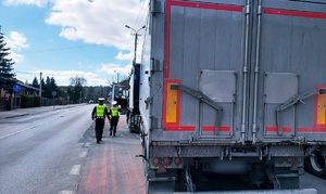 policjanci ruchu drogowego kontrolują pojazd ciężarowy