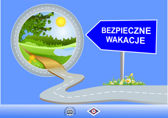 grafika przedstawiająca drogowskaz z napisem bezpieczne wakacje skierowanym w stronę okrągłego okna z ładnym widokiem do wypoczynku i prowadzącą do niego drogą. Przewaga błękitnego tła