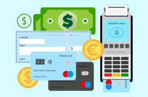 Grafika przedstawiająca pieniądze, karty płatnicze i terminal płatniczy