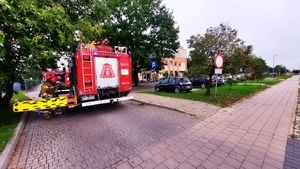 działania ewakuacyjne i gaśnicze - symulacja . ludzie zgromadzeni przed budynkiem strażacy i wozy strażackie