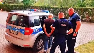 policjanci prowadzą prowadzą do radiowozu zatrzymanego mężczyznę. mężczyzna na nadgarstkach rąk trzymanych z tyłu ma nałożone kajdanki