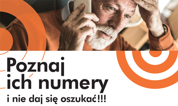 Starszy mężczyzna rozmawia przez telefon, pod spodem napis Poznaj ich numery i nie daj się oszukać