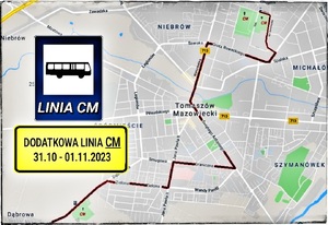 mapa Tomaszowa Mazowieckiego z informacją o dodatkowej linii autobusowej