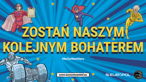 kolorowy plakat w formie komiksy z super bohaterami i napis zostań naszym kolejnym bohaterem