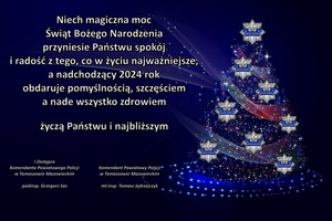 kartka świąteczna z życzeniami i choinkom po prawej stronie na której są policyjne gwiazdki imitujące bombki