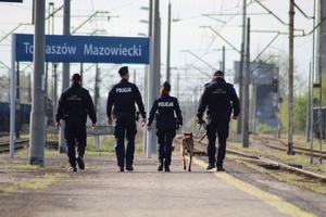 policjanci i strażnicy ochrony kolei wraz z psem służbowym patrolują obszary kolejowe