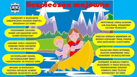 kolorowa grafika z postaciami dzieci płynącymi łódką , po bokach okienka z radami jak bezpiecznie wypoczywać