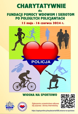 plakat informujący o akcji Wiosna na sportowo. Kolorowa grafika ze sportowcami różnych dyscyplin. w centralnej części plakatu czerwone serce z napisem policja na niebieskiej wstędze