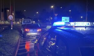 policyjny radiowóz podczas kontroli drogowej. przed radiowozem stoją pojazdy.