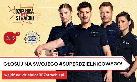 Plakat z aktorami w mundurach policyjnych promujący konkurs Super Dzielnicowy 2025.