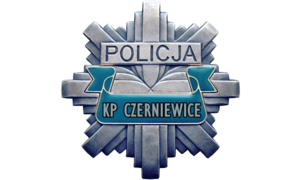 Policyjna odznaka w kształcie gwiazdy z napisem Policja KP Czerniewice.