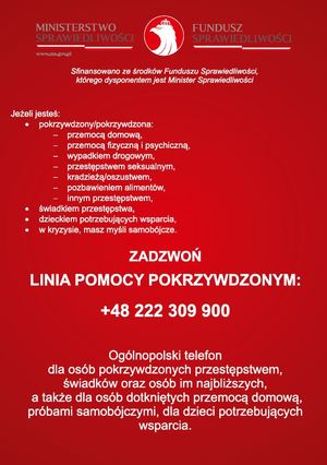 Grafika z informacjami dotyczącymi pomocy pokrzywdzonym. Biały tekst na czerwonym tle.