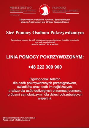 Grafika z informacjami dotyczącymi pomocy pokrzywdzonym. Biały tekst na czerwonym tle.