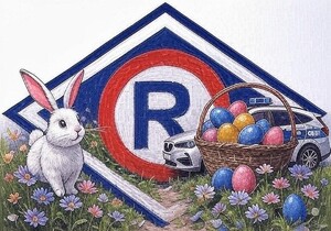 Grafika jajka wielkanocne w koszyku, królik i literka R z radiowozem.