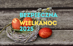 Grafika z napisem Bezpieczna Wielkanoc 2025. W tle pisanki i bazie.
