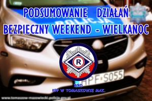 Policyjny radiowóz i napis Bezpieczny weekend - Wielkanoc