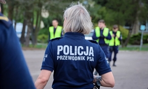 Policjanci w trakcie akcji poszukiwawczej. Na pierwszym planie odwrócona tyłem policjantka z napisem: Policja przewodnik psa.